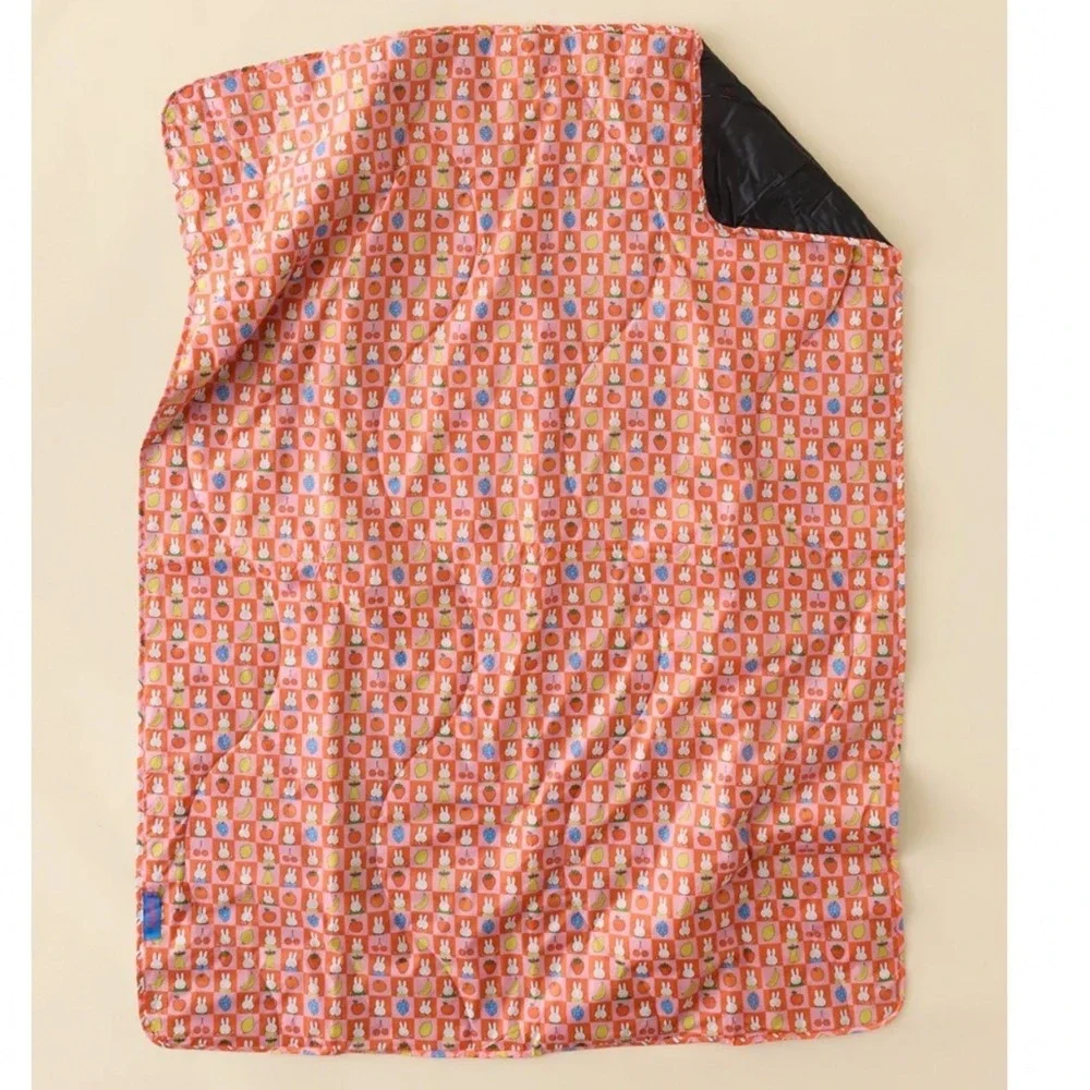 Rate Baggu Miffy Puffy Picnic Blanket Pink Orange Checkered Fruit Print New